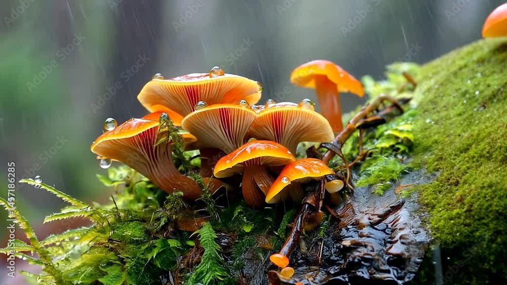 Vibrant orange mushrooms growing on a mossy log in a lush, rainy forest setting Vibrant orange mushrooms growing on a mossy log in a lush, rainy forest setting