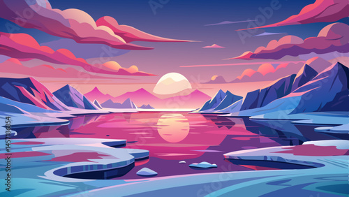Pink Sunset Reflecting on Icy Lake Surface in Flat Tundra