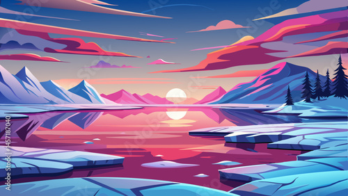 Pink Sunset Reflecting on Icy Lake Surface in Flat Tundra