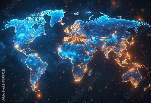 a glowing, digitally rendered world map set against a dark, star-filled cosmos depicts interconnectedness and global networks with bright, fiery outlines of continents and countries.