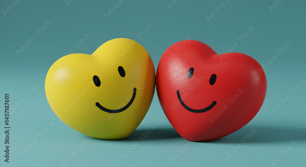 Two Heart Shaped Objects with Smiley Faces in Red and Yellow on Turquoise Background Two Heart Shaped Objects with Smiley Faces in Red and Yellow on Turquoise Background