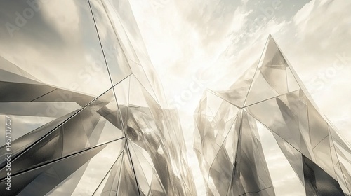 Modern office tower exterior sharp angles mirrored facade soft abstract background of shifting sky tones dynamic view. 