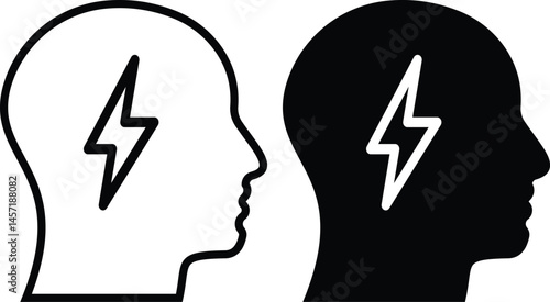 Head with ideas icon set. two black and white silhouettes of a head with a lightning bolt. illustration of idea in human head.