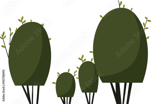 Illustration of four stylized shrubs or bushes with green leaves against a black background, cartoon-style plant life art.