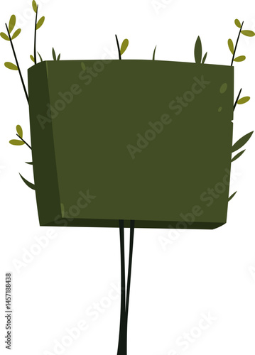 An image shows a cartoon-style, green, rectangular bush or hedge. The bush is elevated on a few thin stems. Some green leaves sprout around the bush.
