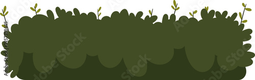 A dense, cartoon-style green shrub with small stems and leaves sticking out of the top against a black background. Simple and decorative.
