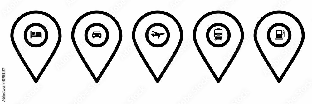 Set of map pointer icons, set of map pointer, Icon of hotel location, icon of car location map, icon of train location on white background, map pointer icon. Set of map pointer icons, set of map pointer, Icon of hotel location, icon of car location map, icon of train location on white background, map pointer icon.