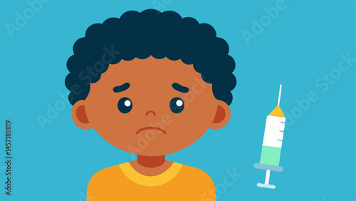 Child with a Frown A child with a frowning face looking at a vaccine needle depicting fear and reluctance towards vaccination.