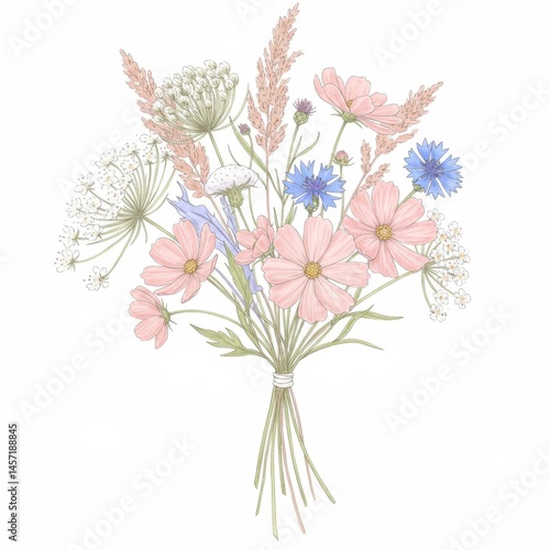 Pastel Pink and Blue Wildflower Bouquet Illustration