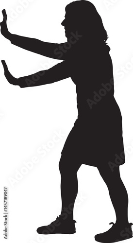 vector; silhouette side view of woman holding or squeezing a wall or something imaginary