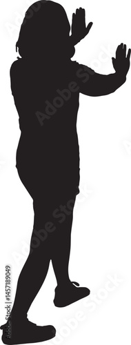 vector; silhouette rear view of woman holding or squeezing a wall or something imaginary