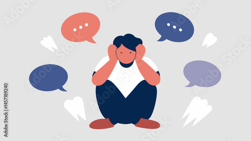 Covering Ears An individual sitting with their hands over their ears looking distressed while speech bubbles filled with negative words like crazy weak or lazy float around them