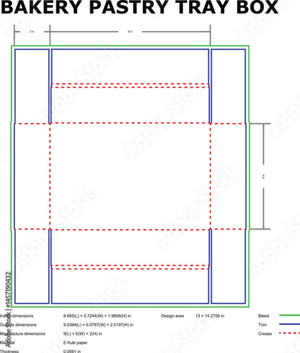 Detailed technical diagram of a bakery pastry tray box with dimensions layout for packaging design blueprint.