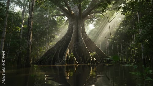 Giant sumauma tree in the Amazon rainforest with light rays