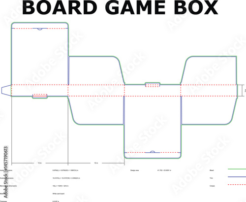 Detailed blueprint of a board game box diecut showing dimensions and crease lines for packaging design
