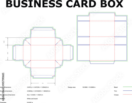 Business card box packaging template with diecut lines and dimensional information for professional graphic design projects