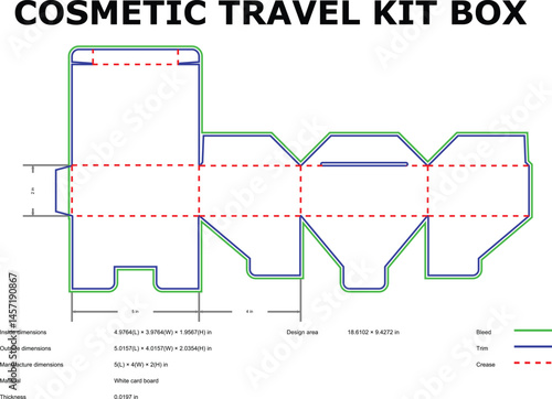 Detailed blueprint of a cosmetic travel kit box showing dimensions and manufacturing specifications with white card board material.
