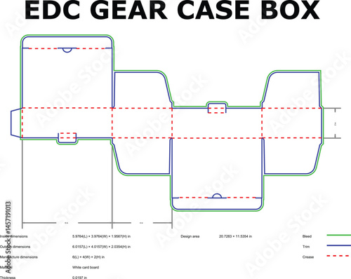 Detailed diecut diagram template of edc gear case box with dimensions bleeds trims and creases for graphic design