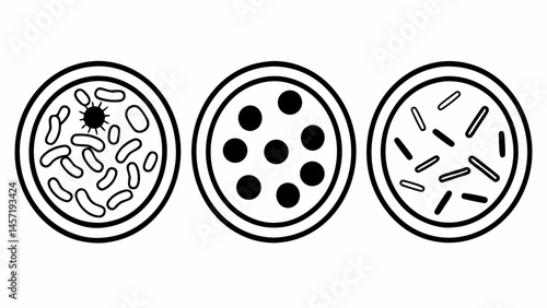 Three petri dishes showing different types of bacteria and microbes in black and white line art style created with generated ai