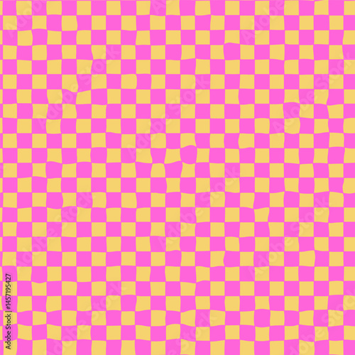 Checkerboard pattern background in pink and yellow, seamless hand drawn grid ...