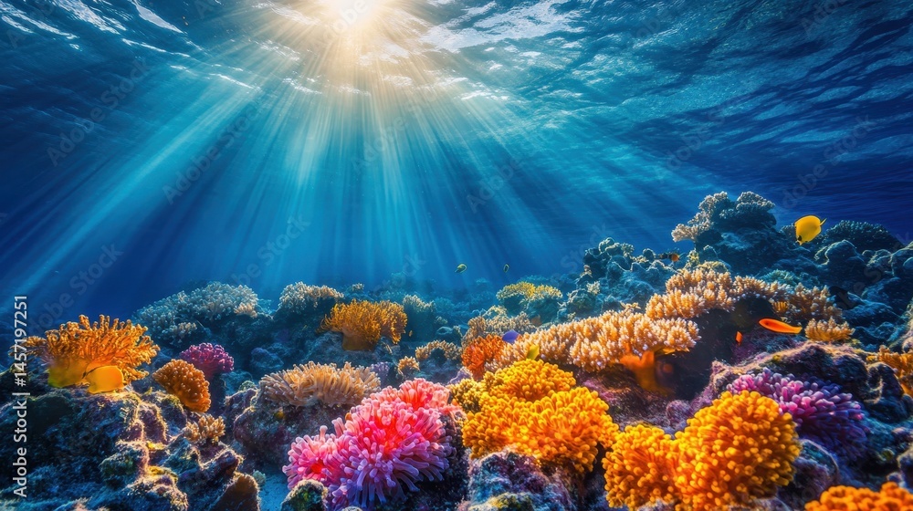 Fototapeta premium Vibrant sunlit coral reef underwater paradise with marine life