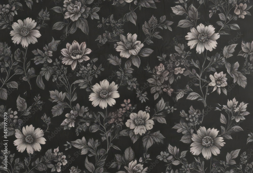 Obraz premium Small scale charcoal floral wallpaper, antique flower & leaf pattern , bloom, graphics, grey scale