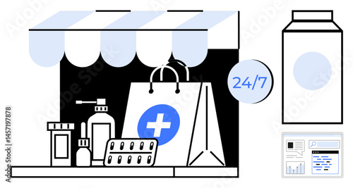 Pharmacy shop with medicines, pills, sanitizer, cross-emblazoned bag, 247 sign, cart and milk carton. Ideal for health, convenience, e-commerce medical services online retail delivery simple