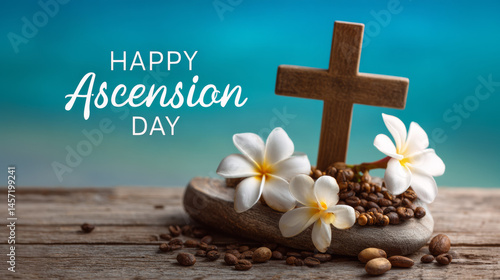Celebrating Ascension Day: Wooden Cross with Plumeria Flowers on Serene Blue Background