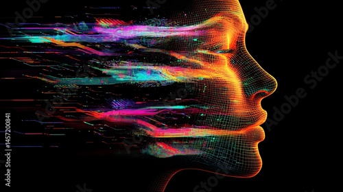 Dynamic digital portrait of a human face futuristic environment 3d animation conceptual art