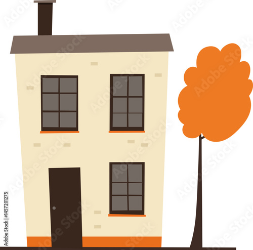 A whimsical illustration of a two-story house with dark windows, a front door, chimney, and an autumn-colored tree nearby.