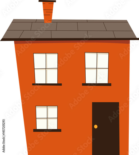 Whimsical two-story house with windows, a door, and a chimney, rendered in a cartoon style, perfect for children's illustrations.