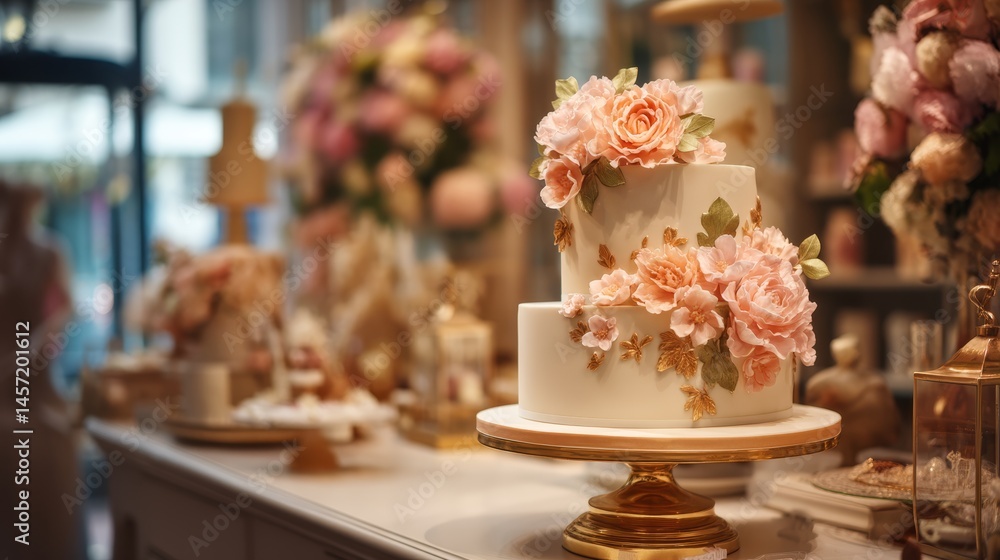 Naklejka premium Wedding cake on luxury store stand