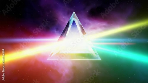 A glowing prism vastness of deep space, beam of light that splits into rainbow holographic rays. colorful gas clouds, rays cosmic landscape, resemble constellations or quantum entanglements