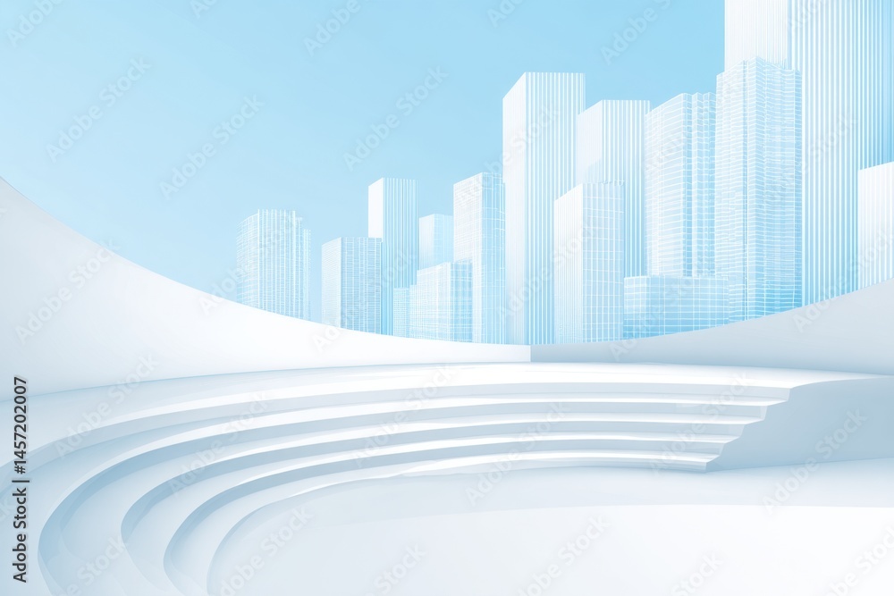 Fototapeta premium Futuristic white cityscape with modern high-rise buildings and curved architecture on a minimal background, perfect for technology, innovation, and urban planning concepts.