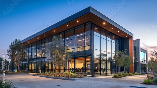 Wallpaper Mural Sleek commercial real estate structure with glass facades, corporate branding enhancing its urban presence and modern design.   Torontodigital.ca