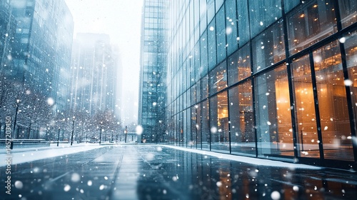 Wallpaper Mural Sleek glass building exterior with snow falling gently, the winter scene adding a soft contrast to the modern architectural lines.   Torontodigital.ca