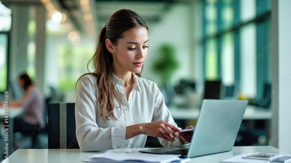 Businesswoman smiling while reading document at modern office workspace with laptop. Professional focused on paperwork. Corporate employee positive attitude during productivity task. Success career Businesswoman smiling while reading document at modern office workspace with laptop. Professional focused on paperwork. Corporate employee positive attitude during productivity task. Success career