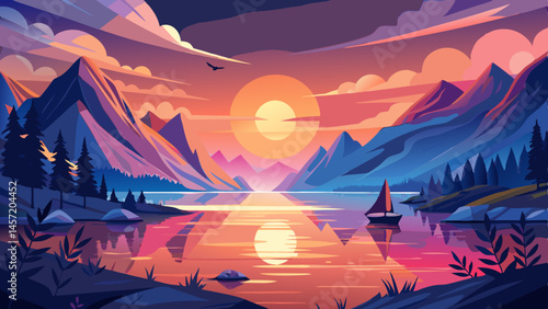 Serene Fjord Sunset with Misty Mountains and Water Reflections