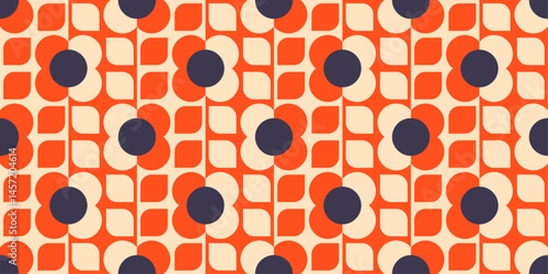 retro-style floral pattern. The design consists of stylized flowers with dark blue centers and orange petals, alternating with beige, leaf-shaped elements.