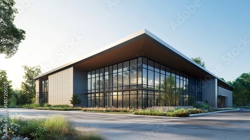 Wallpaper Mural Sleek modern building featuring aluminum siding, a flat angled roofline, and large front windows, showcasing minimalist and contemporary design.  Torontodigital.ca