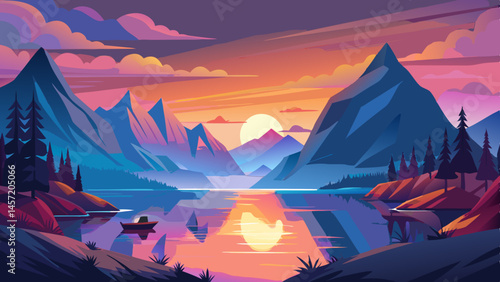Serene Fjord Sunset with Misty Mountains and Water Reflections