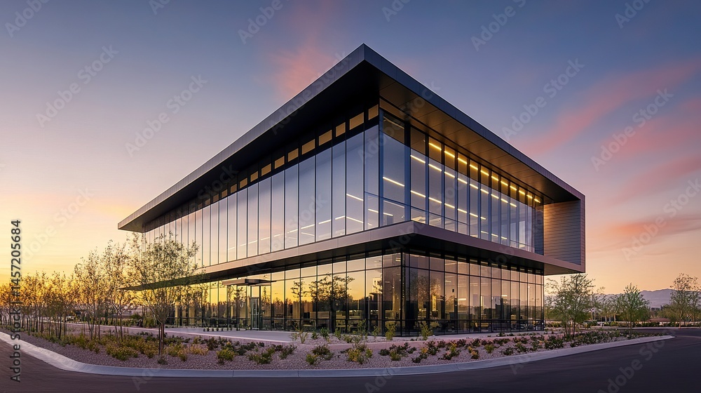 Sleek office building at sunset, its minimalist architecture blending with the natural tones of the golden hour for a serene yet dynamic scene. Sleek office building at sunset, its minimalist architecture blending with the natural tones of the golden hour for a serene yet dynamic scene.