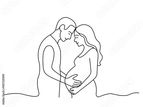Continuous line drawing silhouette of pregnant woman and her husband who hugs her in the last month of pregnancy. Vector illustration on white background