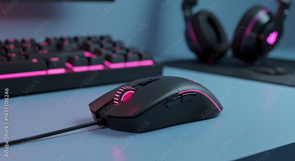 Gaming Setup: Mouse, Keyboard, and Headset with RGB Lighting Gaming Setup: Mouse, Keyboard, and Headset with RGB Lighting
