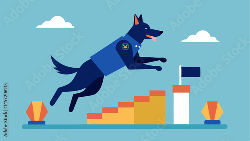 Jumping over Obstacles The police dog leaps over a stack of crates as a police officer follows closely behind showcasing agility and teamwork during an obstacle course training