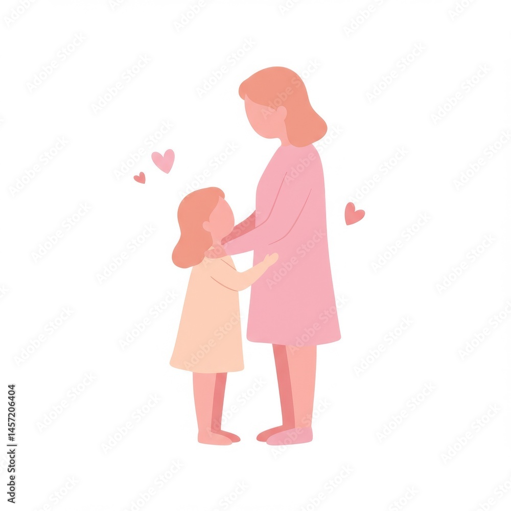 Mother and Daughter Embracing in Pastel Pink Illustration Mother and Daughter Embracing in Pastel Pink Illustration