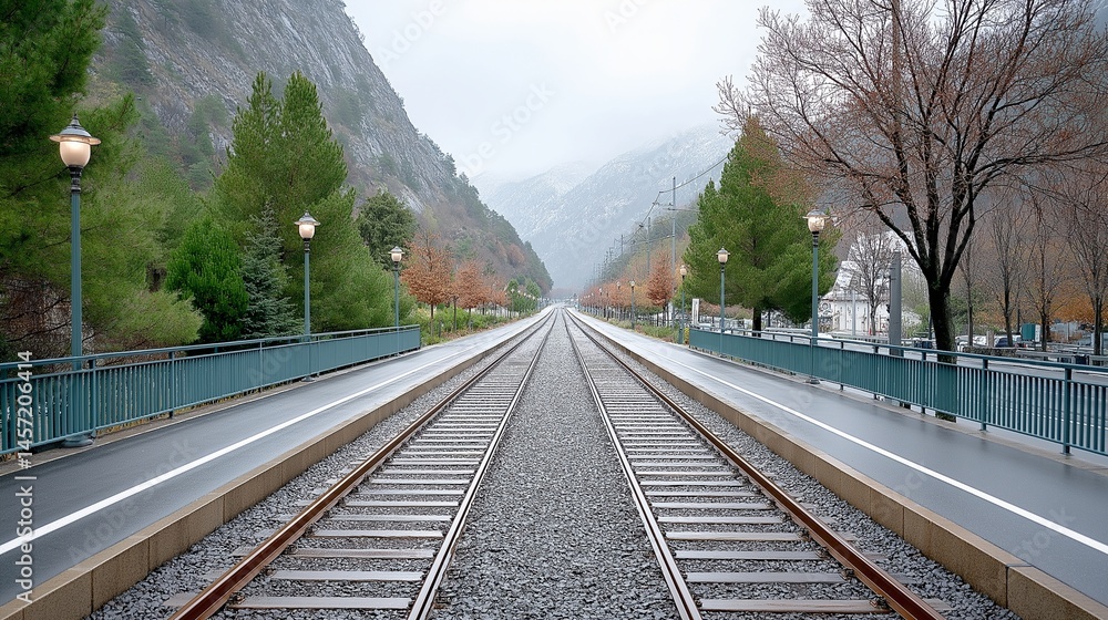 Fototapeta premium Rainy Railway Tracks Lead Into Distant Mountains Gloomy Weather Defines Empty Train Infrastructure 