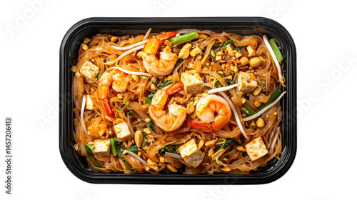 Delicious bowl of shrimp and tofu stir-fried noodles with peanuts, garnished with vegetables in a stylish black container, perfect for food photography and culinary presentations.