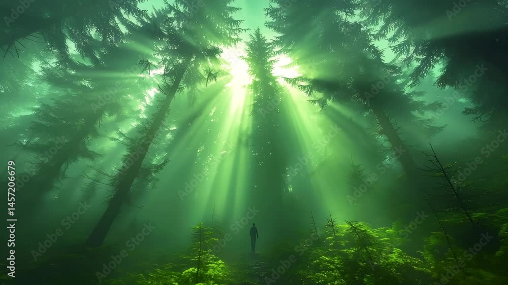 Misty forest trail with sunlight streaming through the trees Misty forest trail with sunlight streaming through the trees
