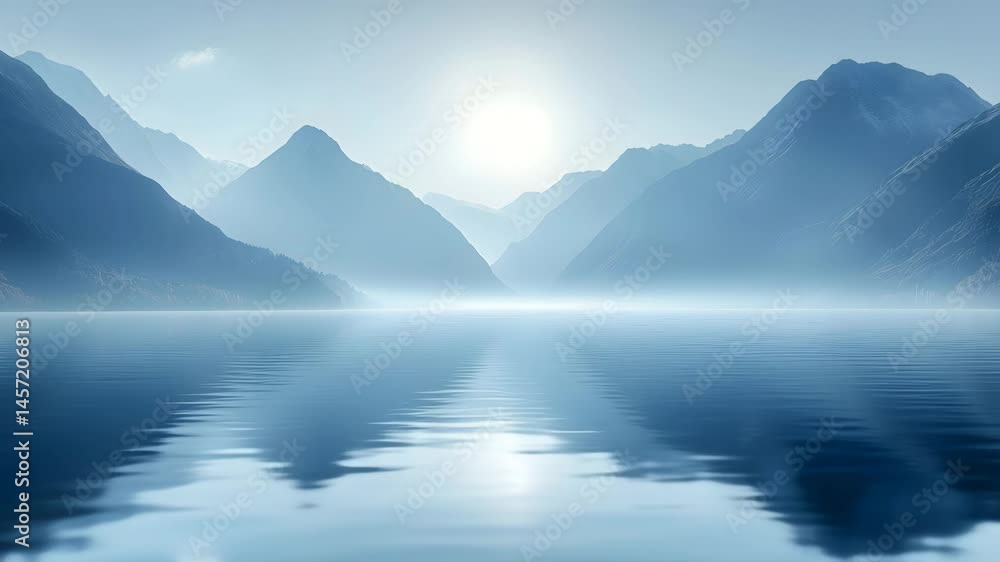 Serene mountain lake surrounded by mist and reflecting the morning sun Serene mountain lake surrounded by mist and reflecting the morning sun
